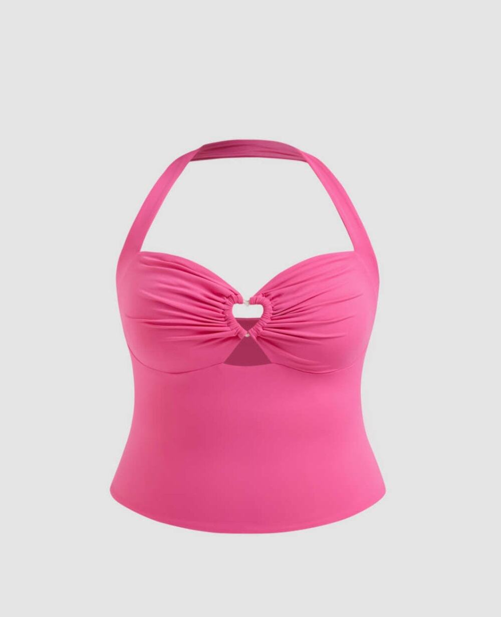 Cider Pink Halter Crop Top Y2K Heart Cutout Ruched Clubwear Top M Polly pocket - Picture 1 of 7